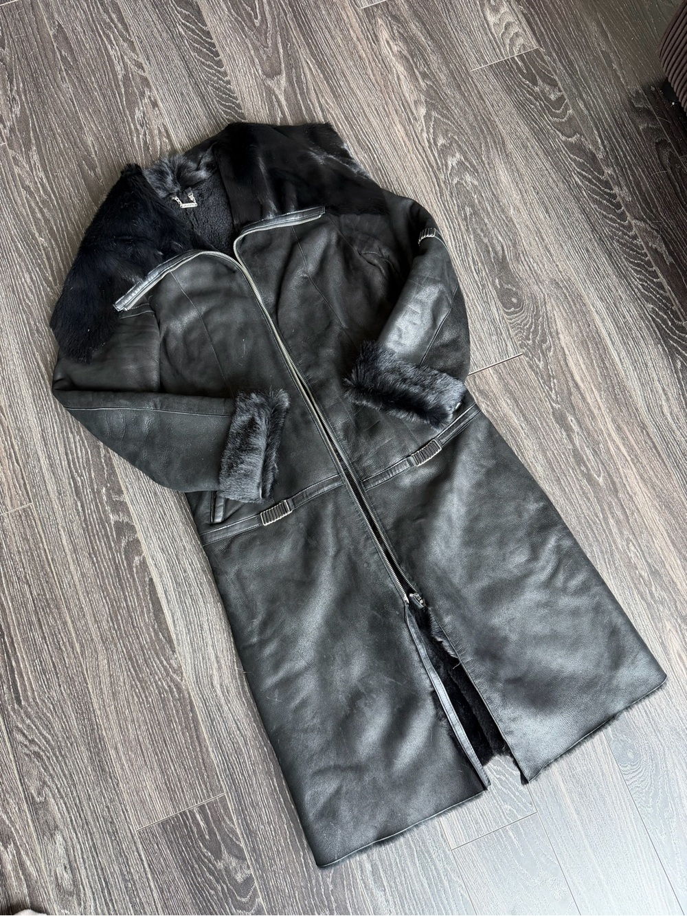 Black Long Faux-Shearling Coat with Fur Trim